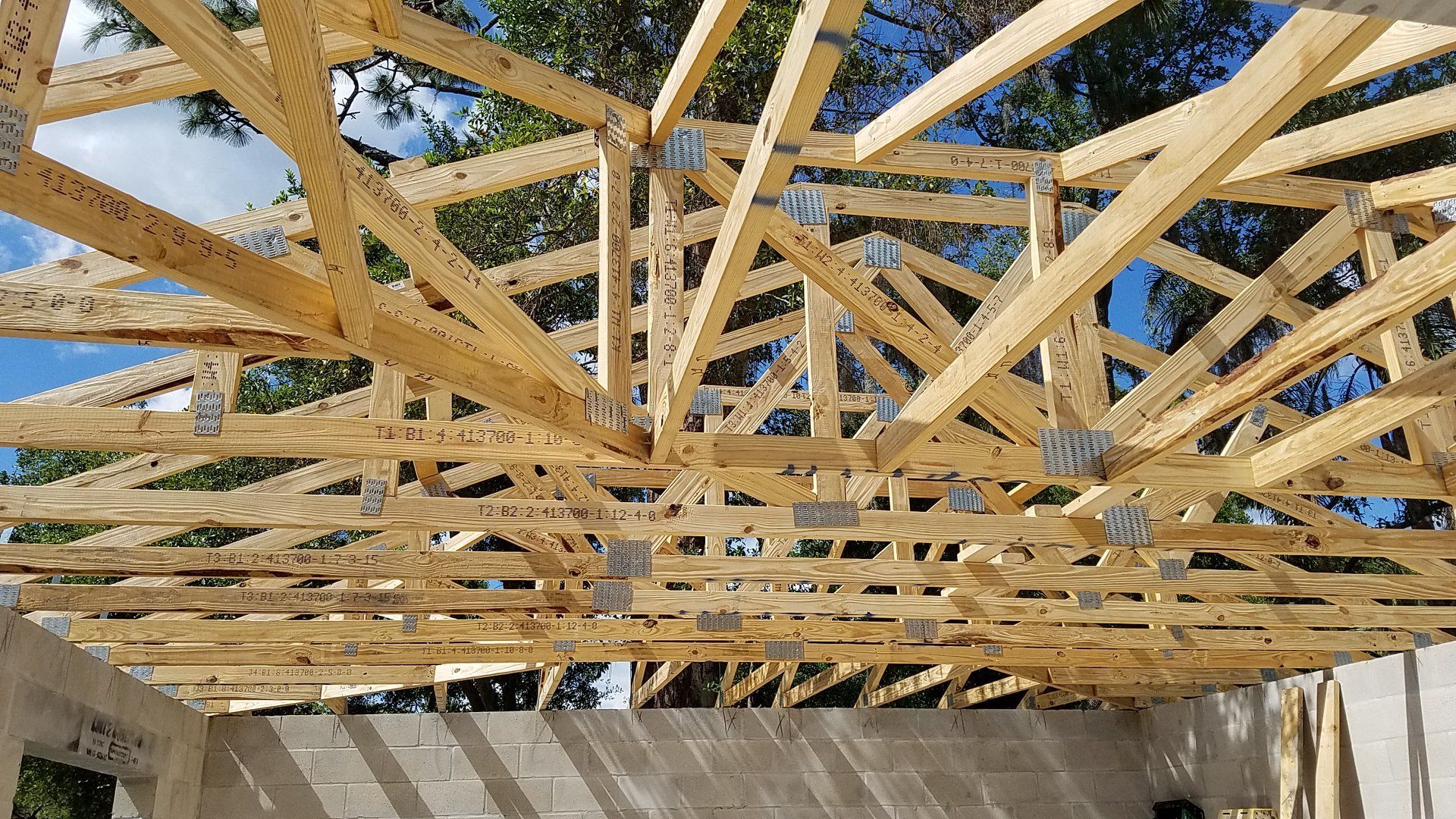 The roof of a building is being built with wooden beams.
