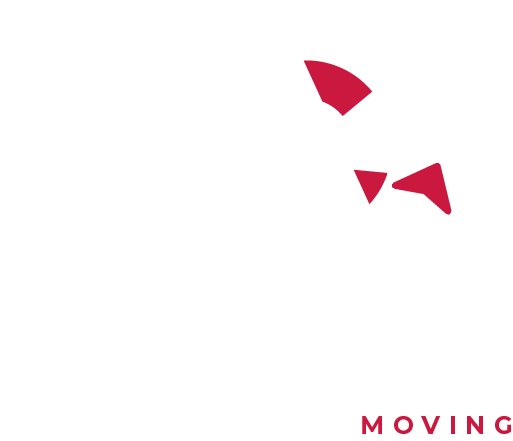 Red abstract shapes, "Moving" text.