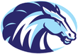Blue and navy horse head logo in an oval, stylized with flowing mane.