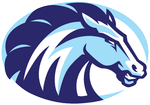 Blue and navy horse head logo in an oval, stylized with flowing mane.