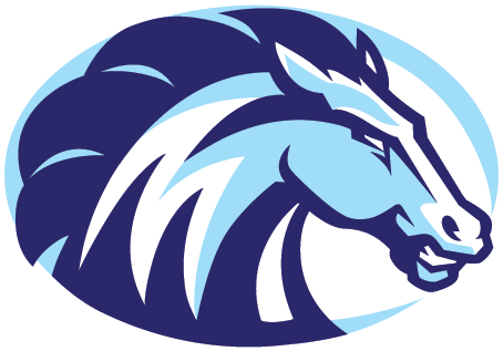 Blue and navy horse head logo in an oval, stylized with flowing mane.