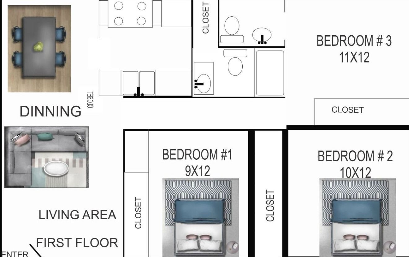 3 Bed | 1.5  Bath - 900SF