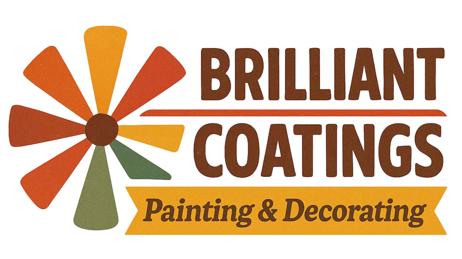 Logo for Brilliant Coatings: brown text above a windmill with a green, orange, and yellow color scheme; text reads “Painting & Decorating.”
