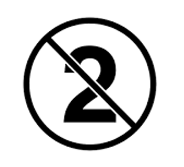Crossed-out number 2 inside a black prohibition circle on a white background
