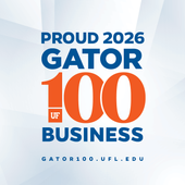 Proud 2026 Gator100 Business logo in blue and orange with UF seal and gator100.ufl.edu