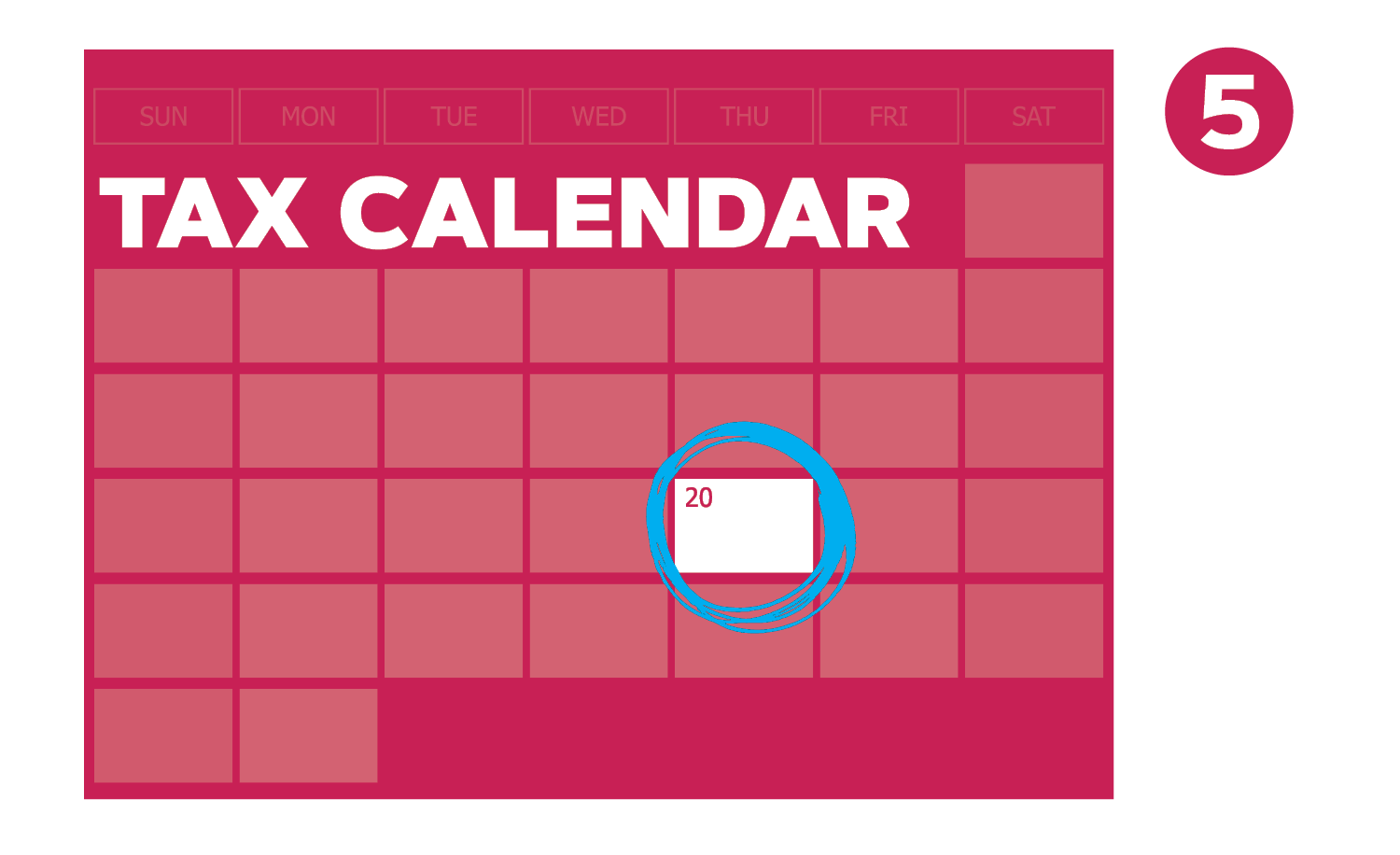 Tax calendar icon with purple calendar and orange date marker, step 5 badge