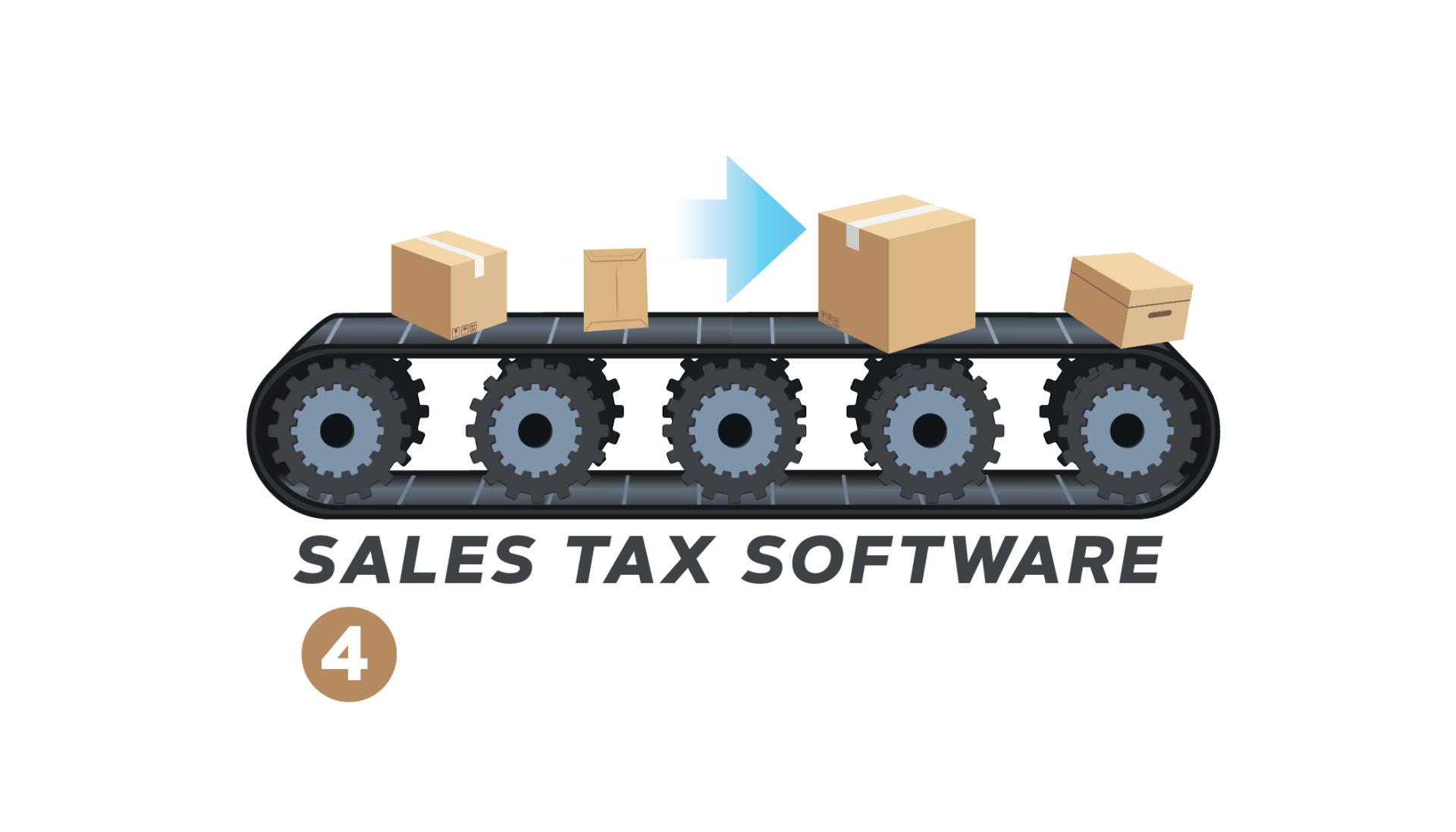 Sales tax software icon with conveyor belt and boxes, step 4 badge