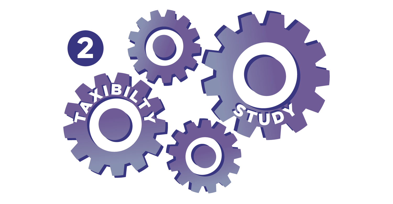 Taxability study icon with three purple gears and a blue circle labeled 2