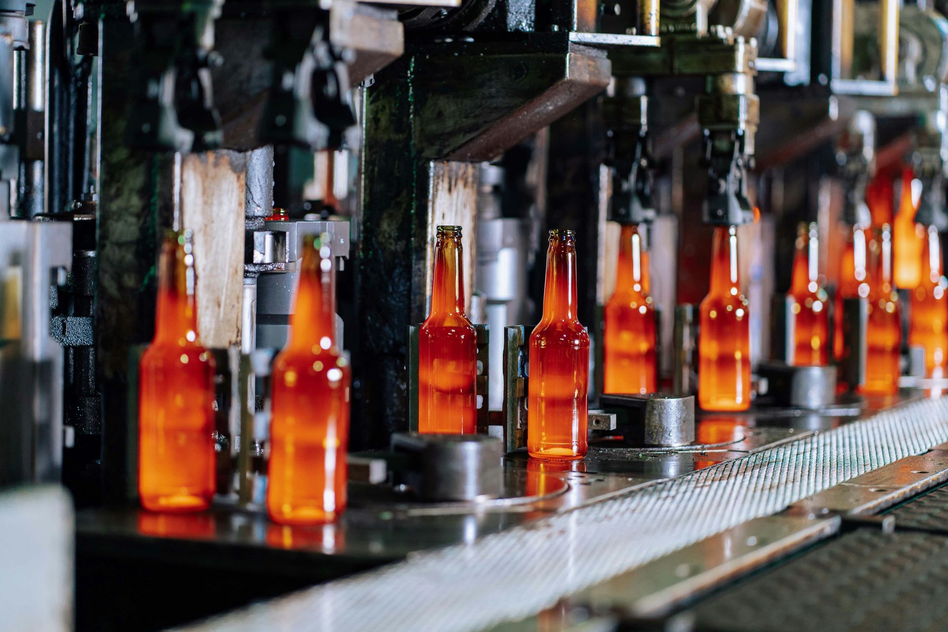 Glass bottles on an automated production line being filled with orange liquid