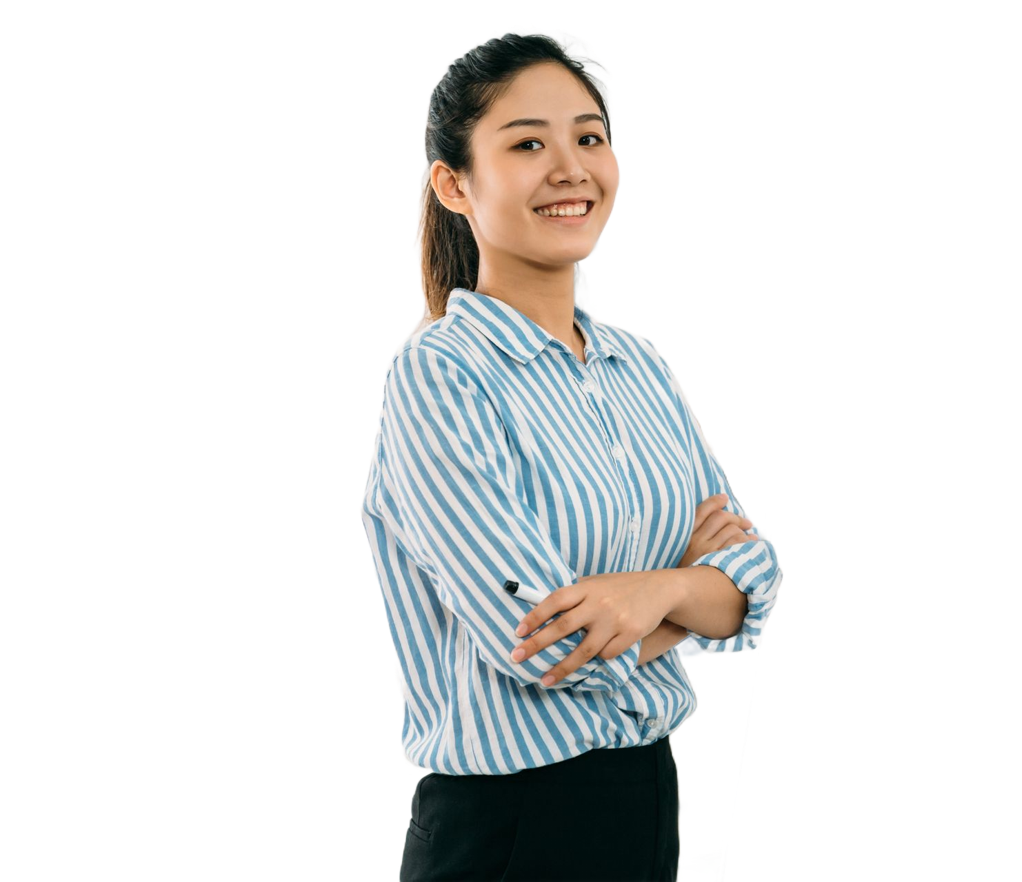 Smiling person in a blue striped shirt standing with arms crossed on a white background