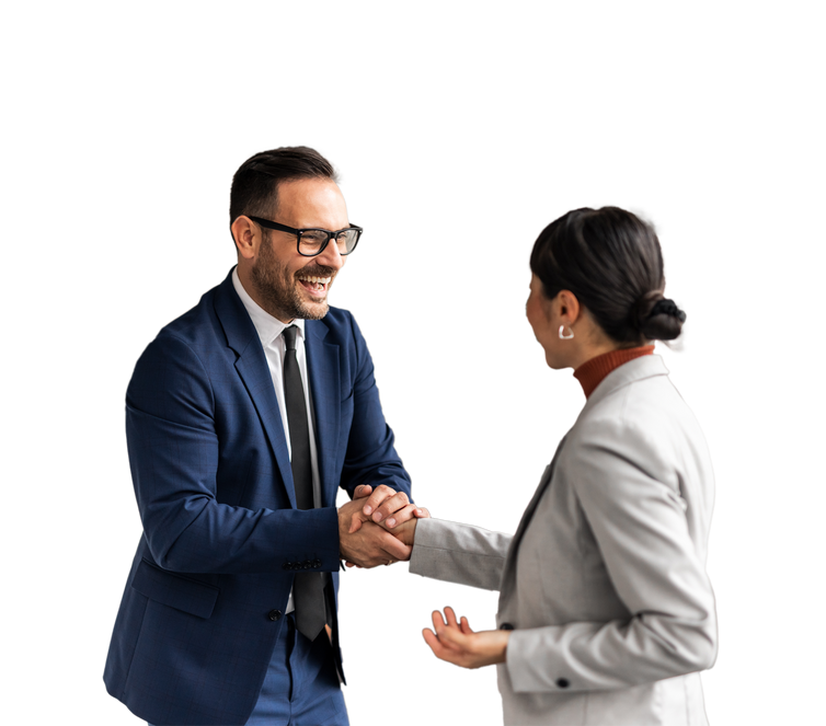 Two professionals in suits shaking hands and smiling on a white background
