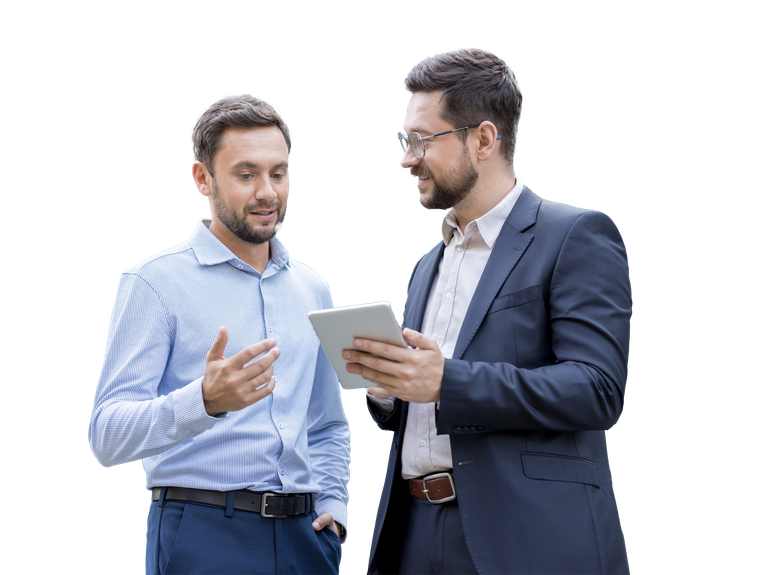 Two men in business attire discussing a tablet on a white background