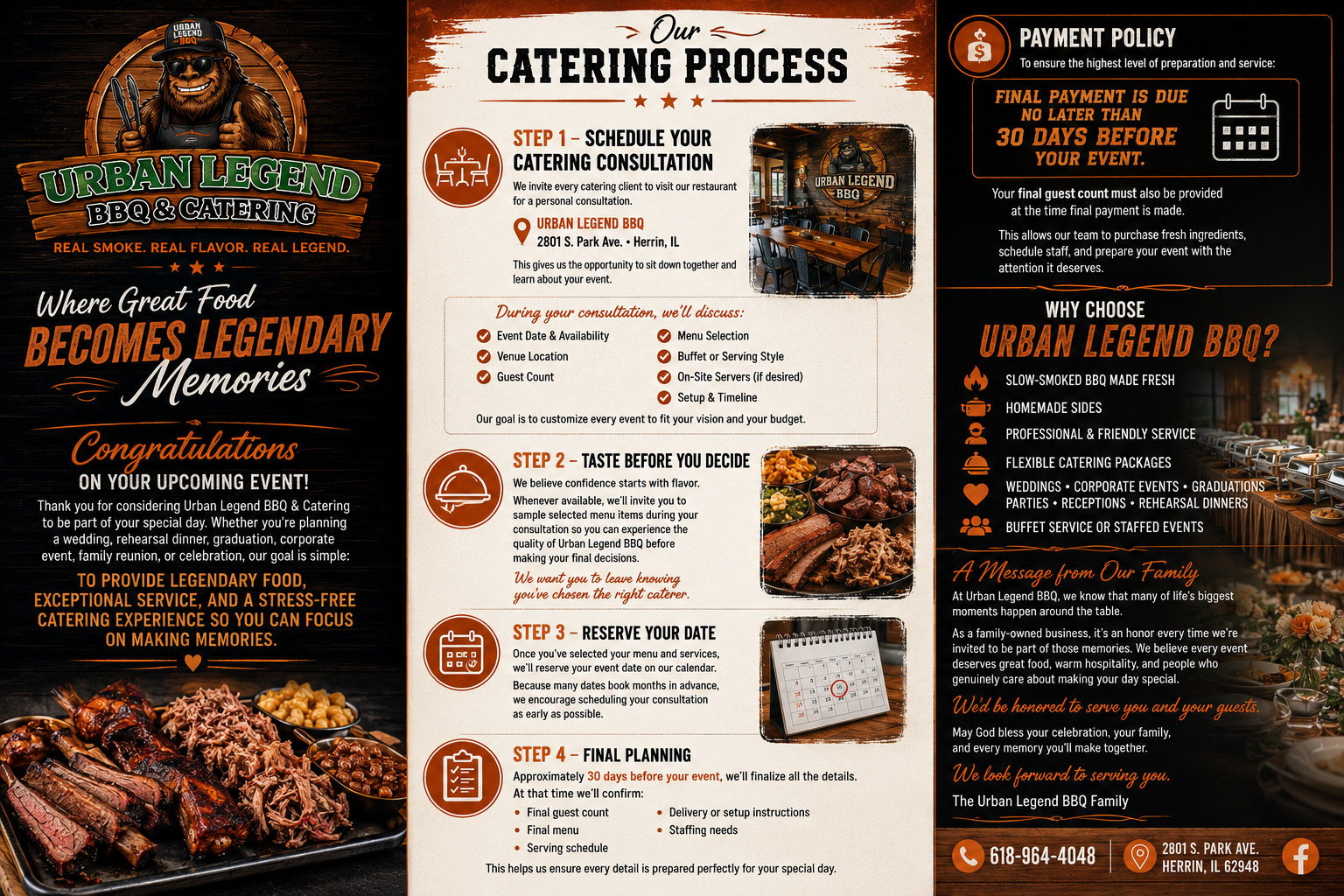 Three-panel barbecue catering flyer with smoked meat photos, pricing, and menu details in black, white, and orange.
