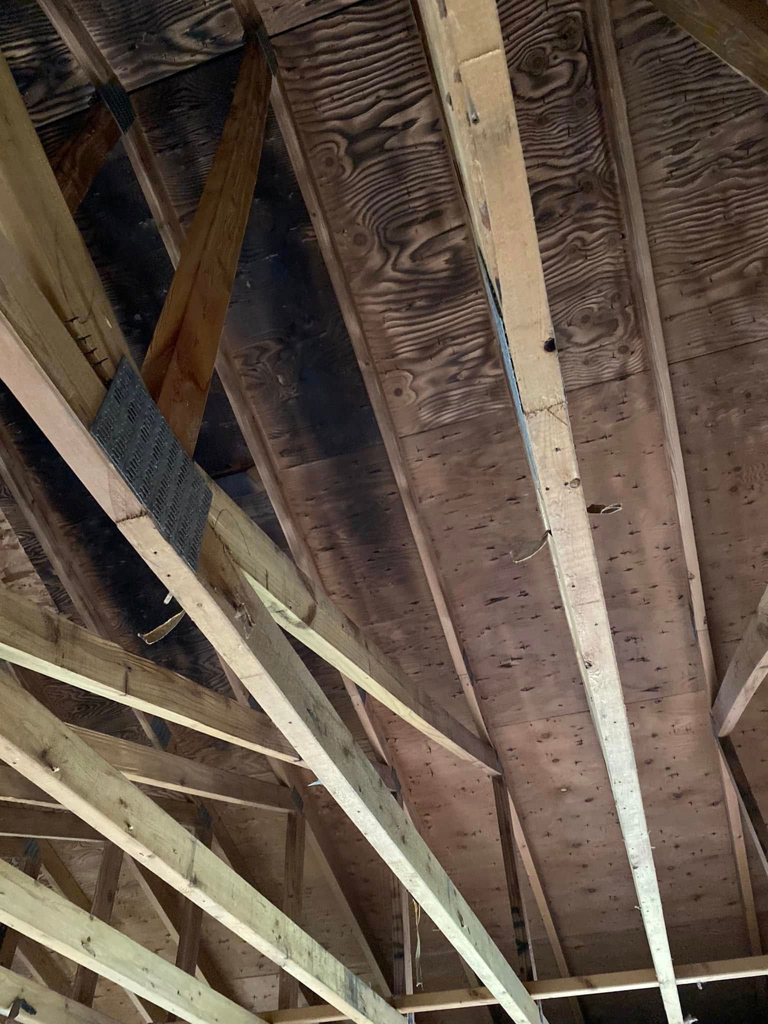 Exposed attic rafters and roof framing with dark insulation and wooden beams