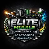 Elite Mobile Blasting & Painting logo with spray gear, chrome text, phone number, and Columbus, NE