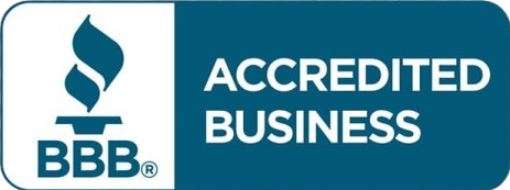 BBB Accredited Business badge in blue and white with the BBB torch logo.