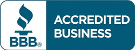 BBB Accredited Business badge in blue and white with the BBB torch logo.
