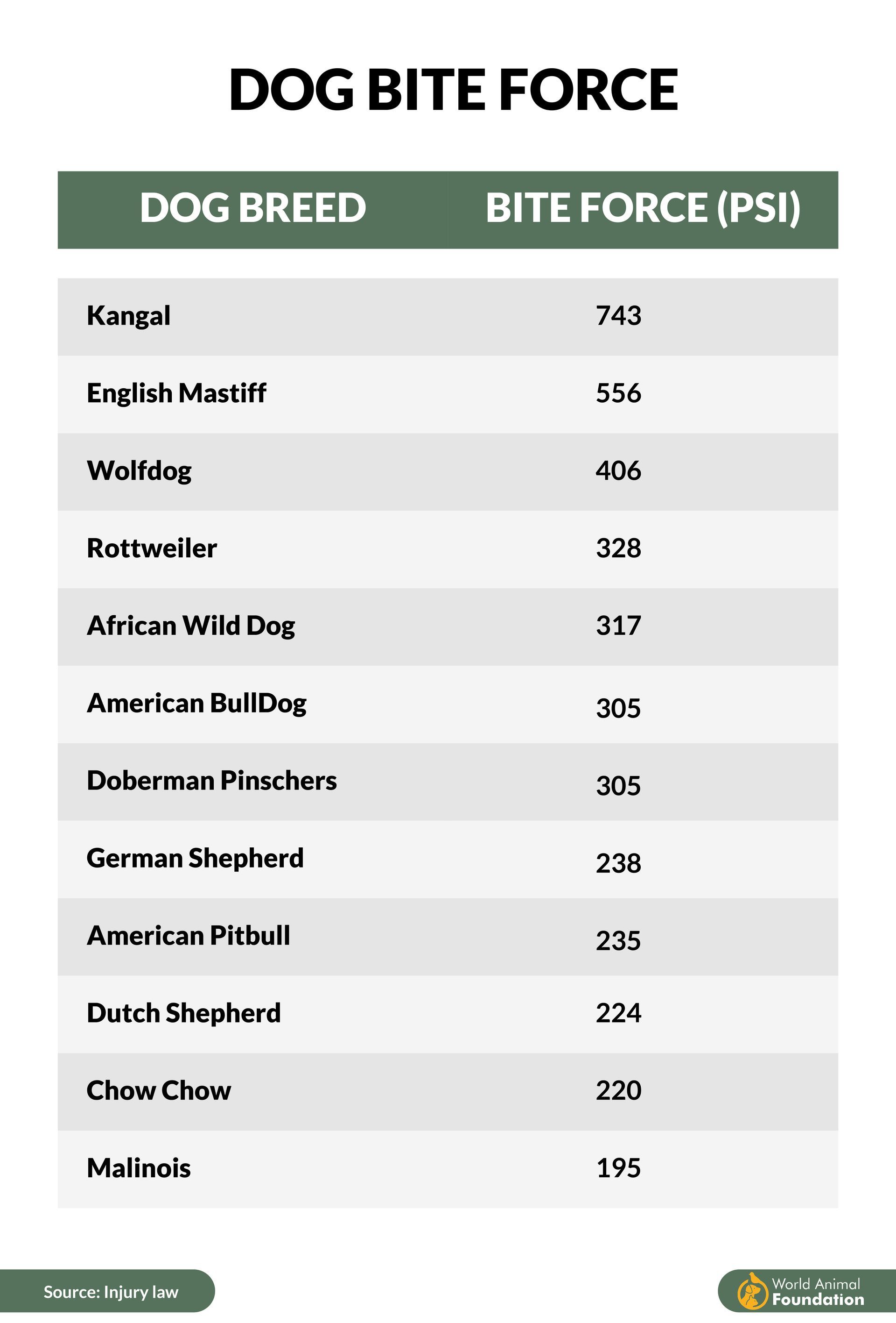 A table showing the dog bite force of different dog breeds. A table showing the dog bite force of different dog breeds.