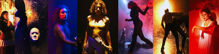 Montage of colourful images from a live Darkplay theatre performance