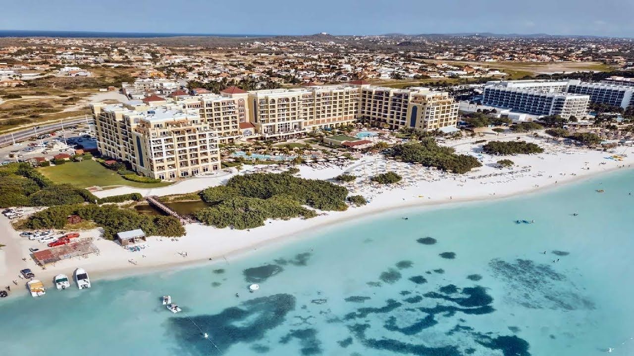 An aerial view of the beach and The Ritz-Carlton, Aruba