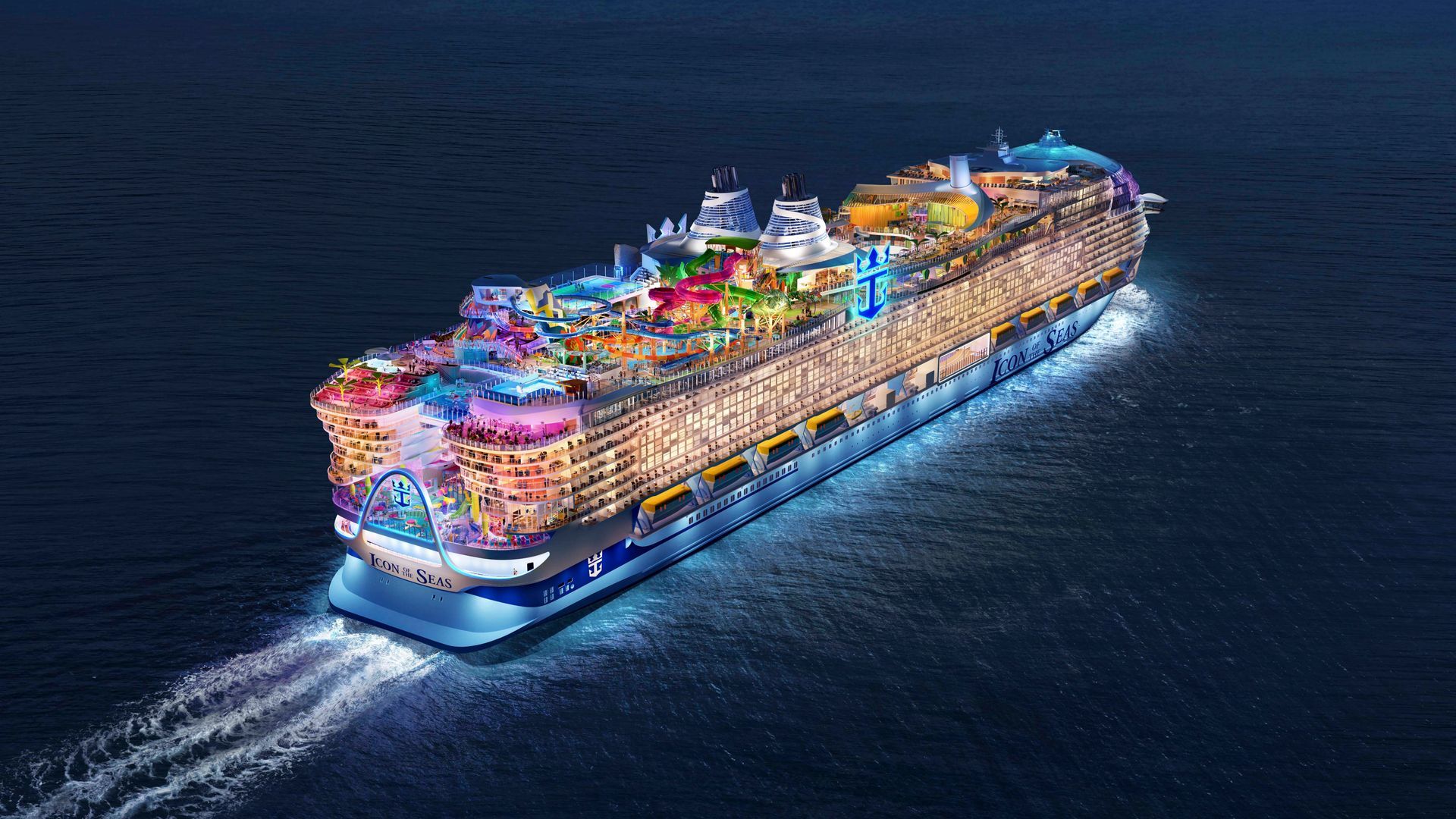 Caribbean cruise lines ship is floating on top of a body of water