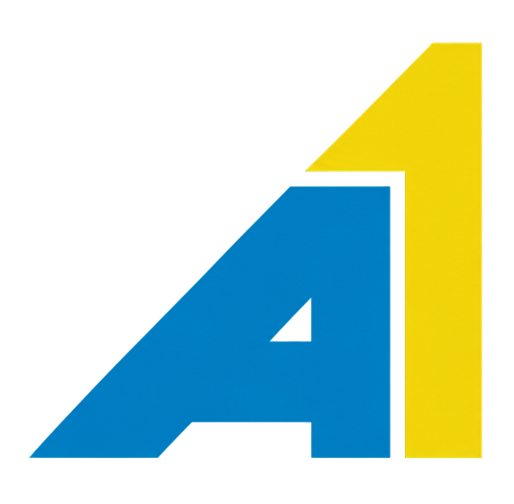 Blue and yellow stylized letter A with a vertical yellow bar on a white background