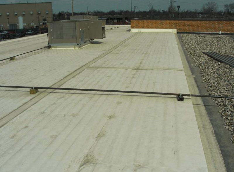 Flat rooftop with white membrane, HVAC units, and a gravel border on the right