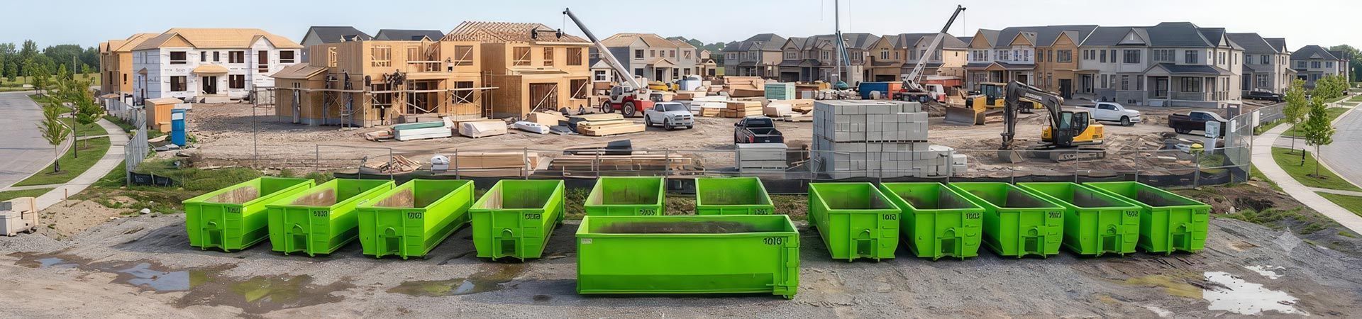 Rows of green Wicked Waste dumpsters at a residential construction site