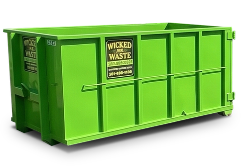Bright green construction dumpster with