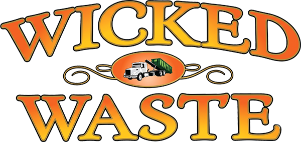 "WICKED WASTE" orange and black logo with a small trash can graphic in the center