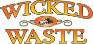 "WICKED WASTE" orange and black logo with a small trash can graphic in the center