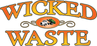 Wicked Waste logo with orange text and a trash can illustration in the center