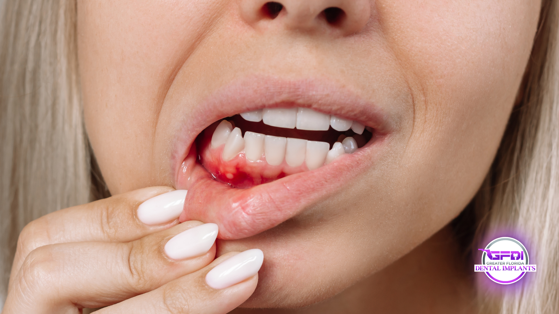 Woman with blonde hair, in close-up, touching her lower lip and showing inflamed, bleeding gums in her mouth.