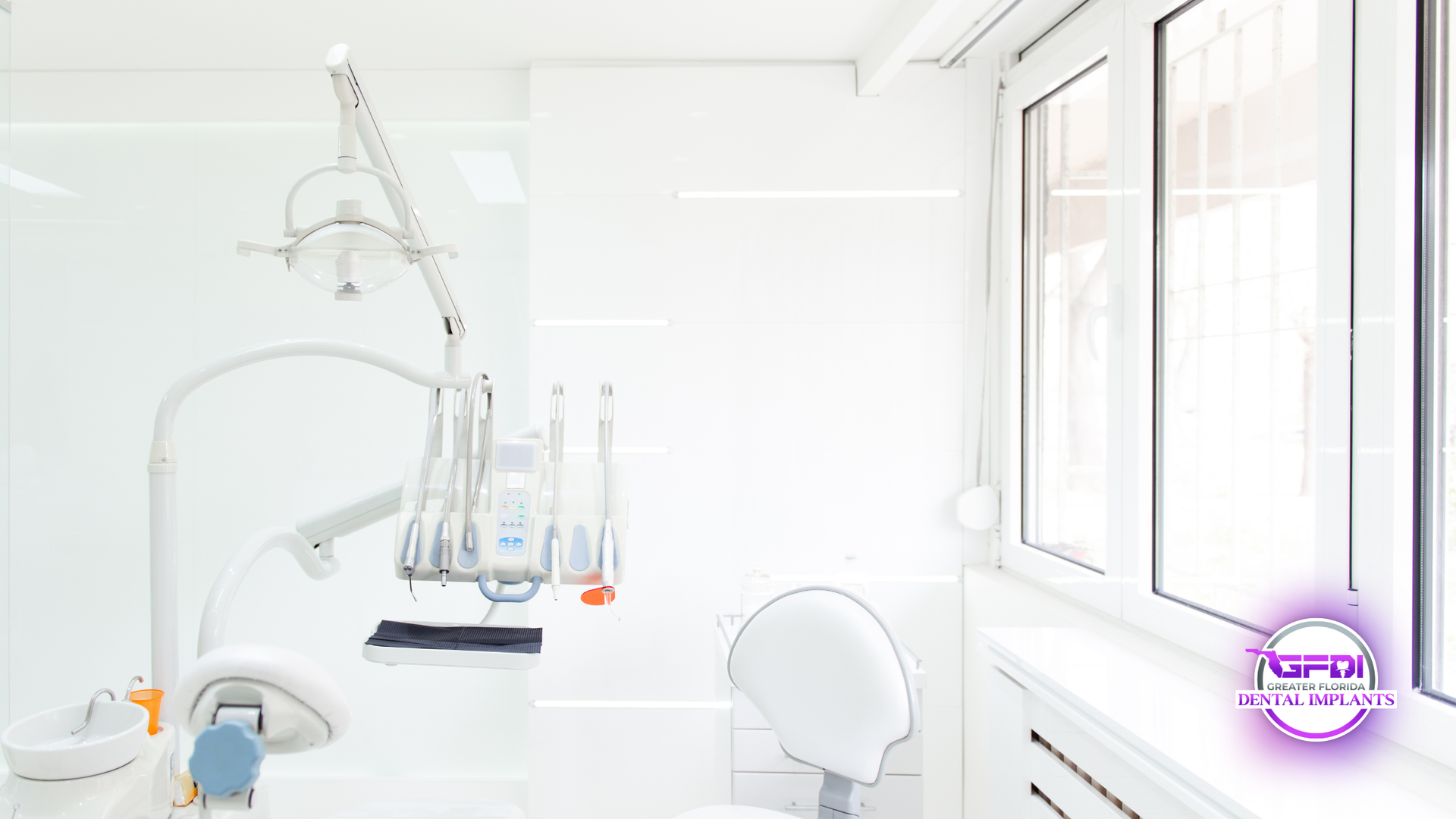 Dental office interior with white walls, equipment, and a window.