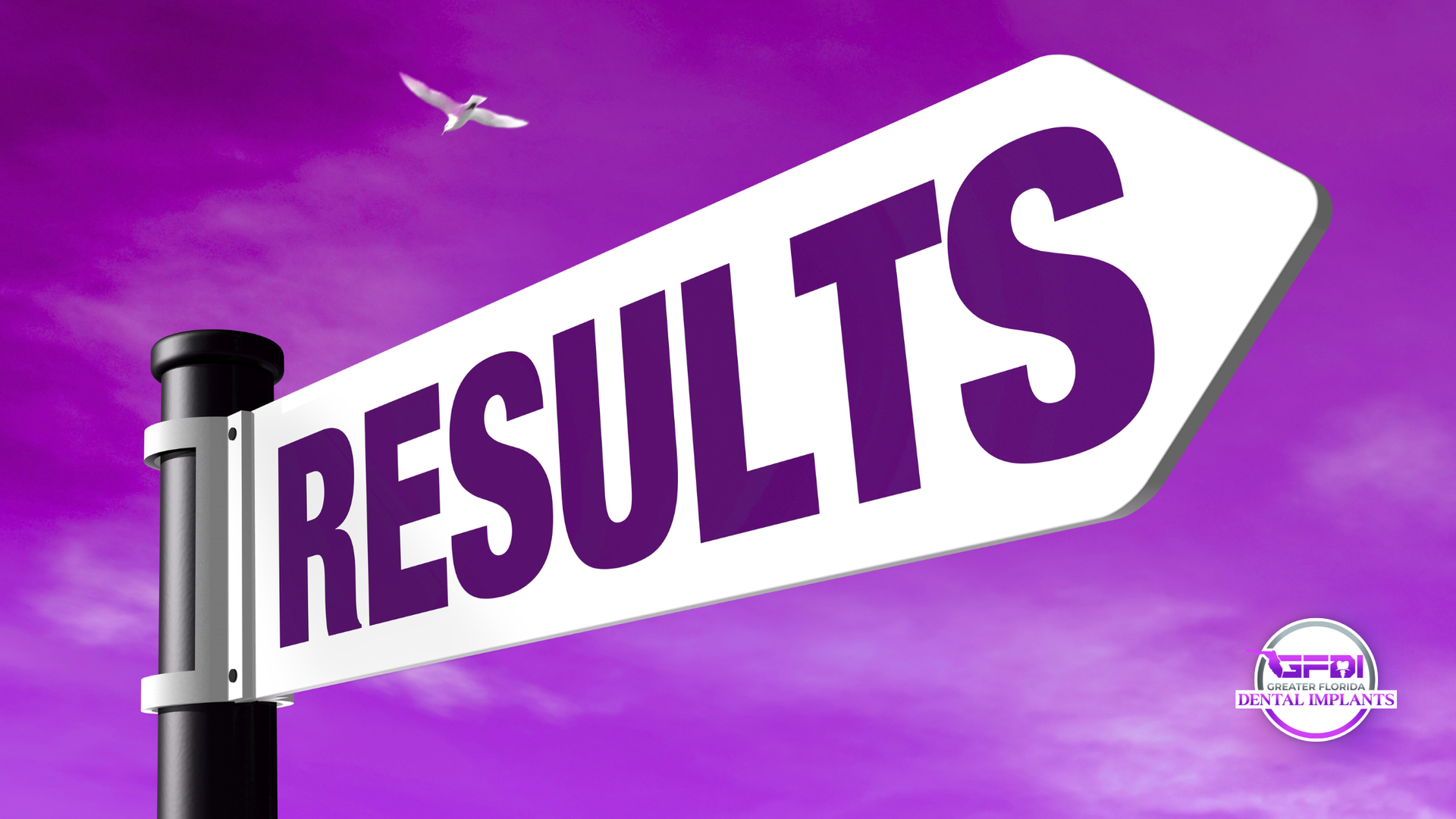 Purple results sign on a pole against a purple sky, with a small airplane overhead.