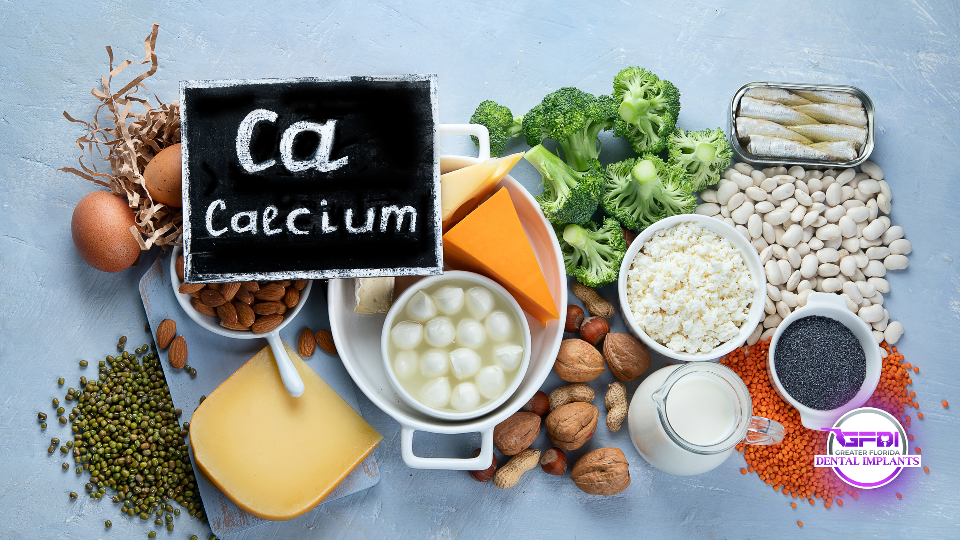 Foods rich in calcium: cheese, broccoli, almonds, beans, milk, eggs, and seeds.