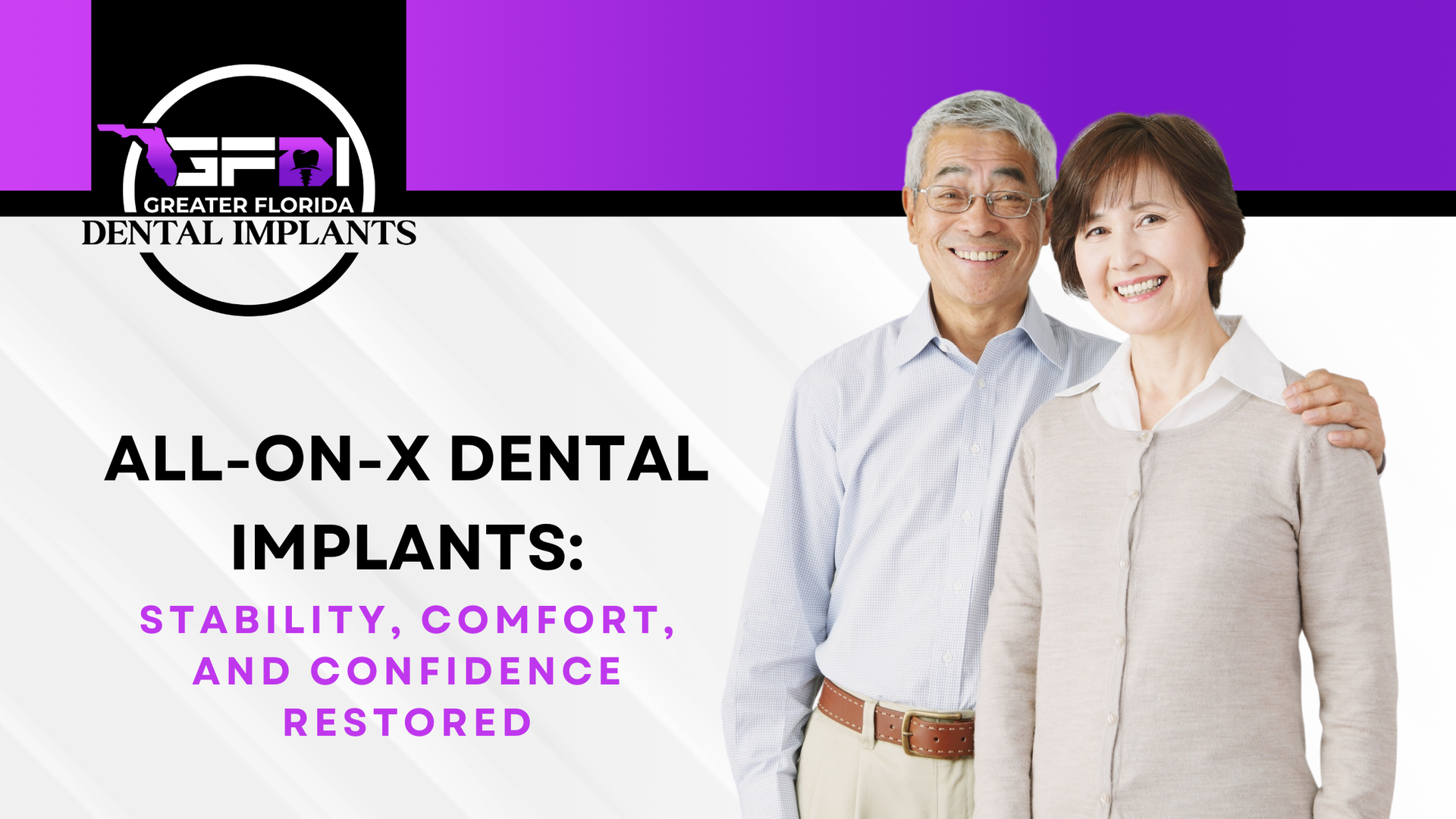 Smiling senior couple; ad for All-on-X dental implants. Purple banner. 