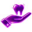 Purple glowing hand holding a tooth, with sparkling effect, representing dental care.