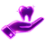 Purple glowing hand holding a tooth, with sparkling effect, representing dental care.