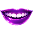 Purple glossy lips, wide smile, showing white teeth.