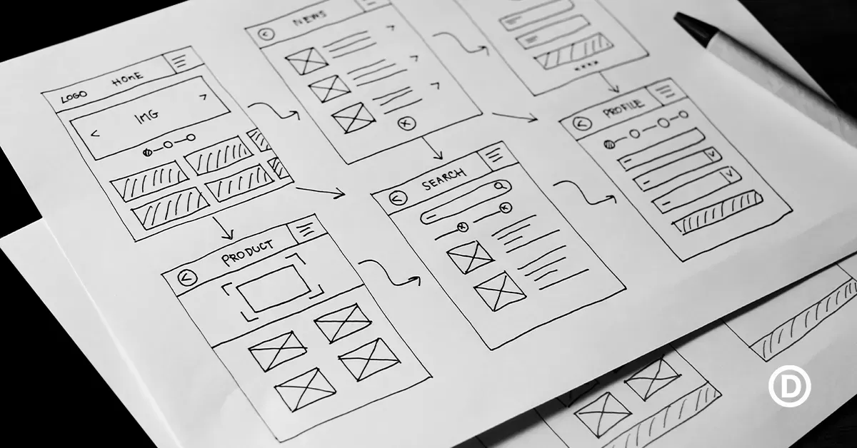 A black and white drawing of a flow chart on a piece of paper with a pen.