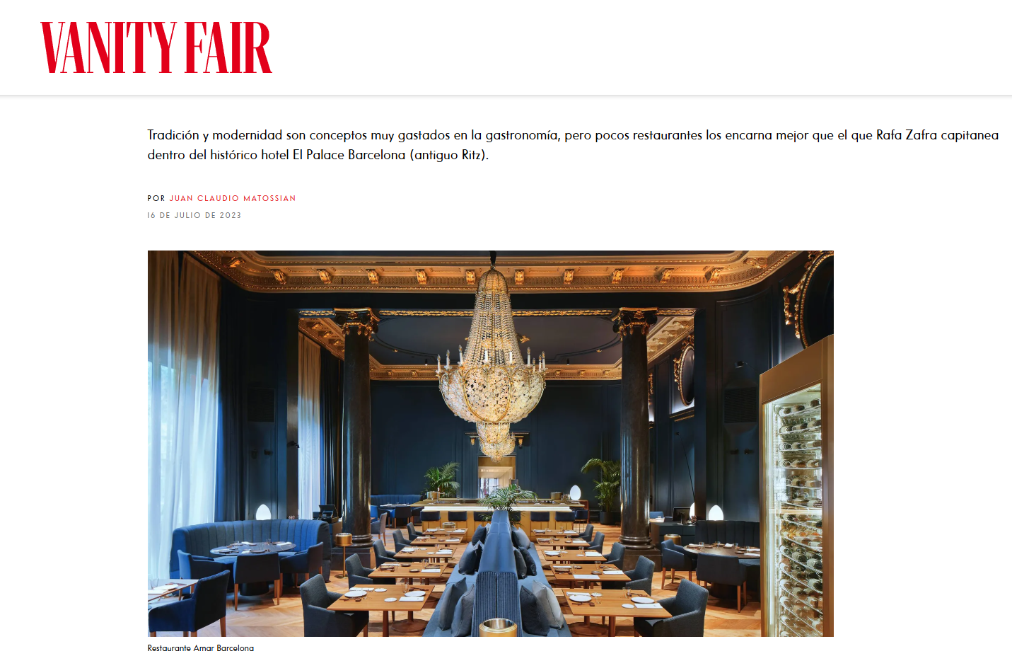 Una captura de pantalla de un artículo de Vanity Fair sobre un restaurante.