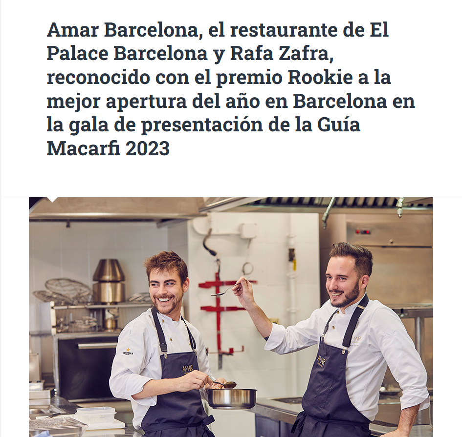 Two men in aprons are standing in a kitchen with the caption amar barcelona el restaurante de el palace barcelona y rafa zafra
