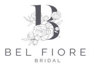 Logo for Bel Fiore Bridal: gray "B" with floral accents, text "Bel Fiore Bridal".
