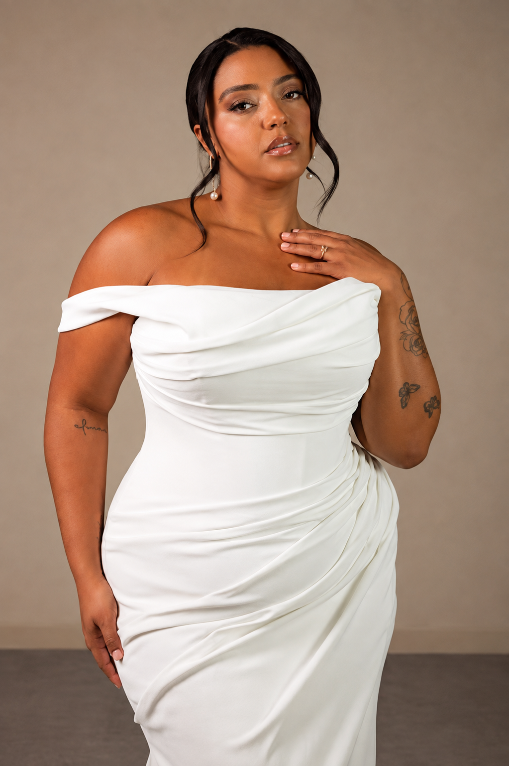 Essense of Australia D4563+ - EveryBride fit and flare wedding dress with crepe fabric and asymmetrical neck line
