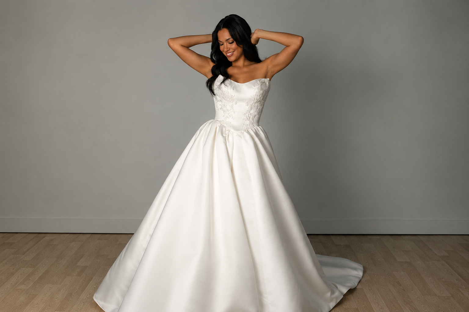 Stella York SY8239 Strapless Grand Satin Ballgown Wedding Dress - Ballgown wedding dress with Grand Satin and lace appliques