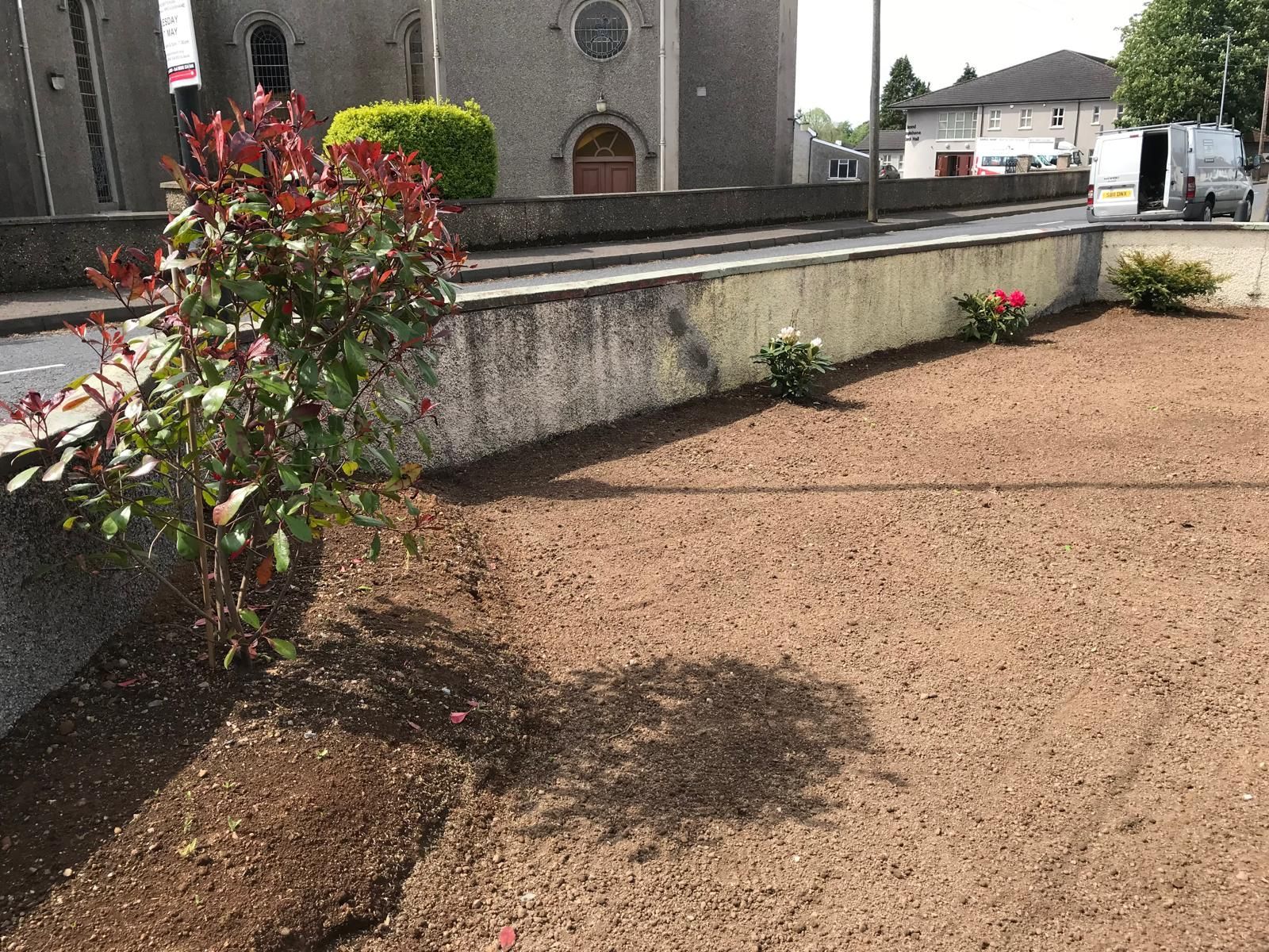 A garden with flowers and a tree in front of a building.