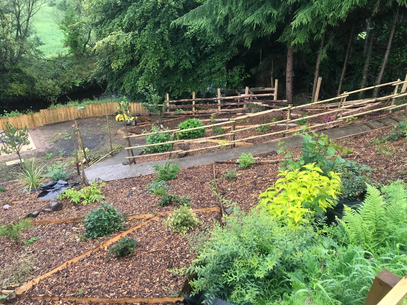 A wooden fence is surrounded by trees and plants in a garden.