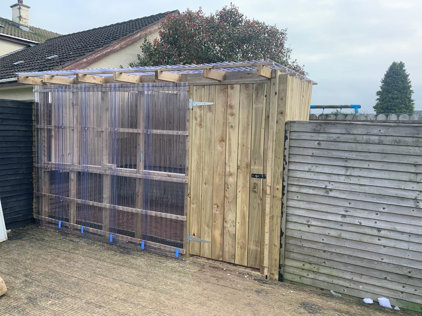 A wooden shed is being built in the backyard of a house.