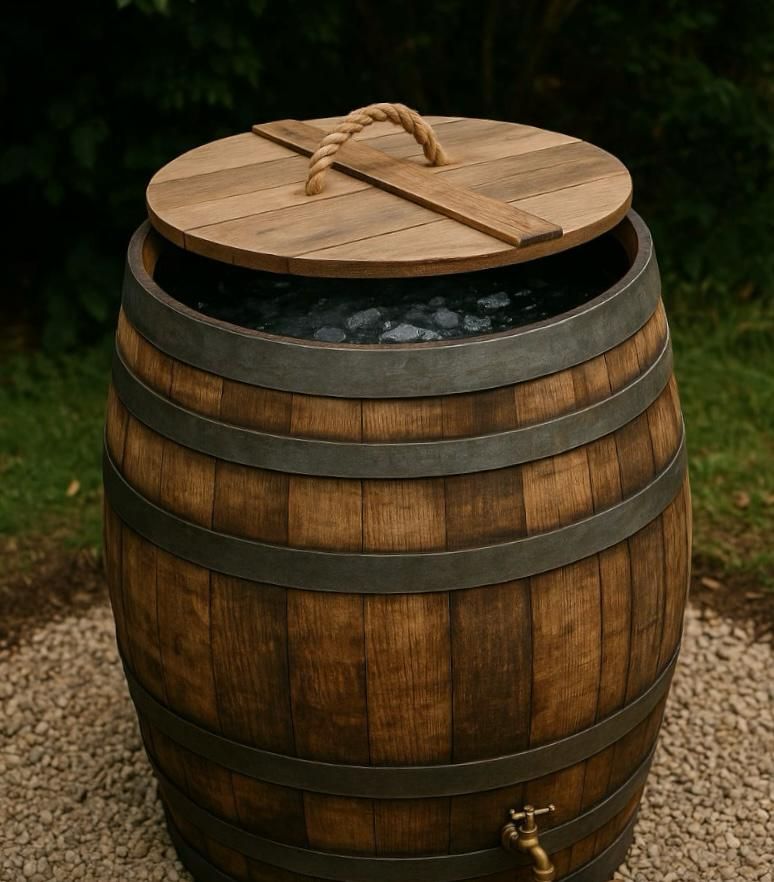 A wooden barrel with a rope handle and a wooden lid